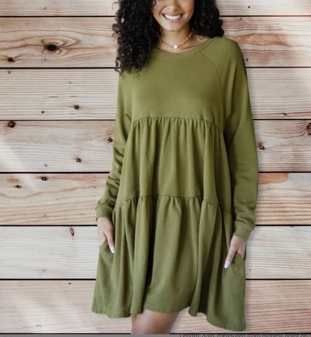 Natural Life Joey Sweatshirt Mini Dress XS/Small Olive Green Crewneck Tiered NEW